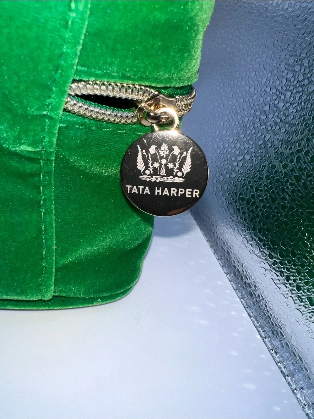 Tata Harper Emerald Green Velvet Cosmetic Case with Knot Handle